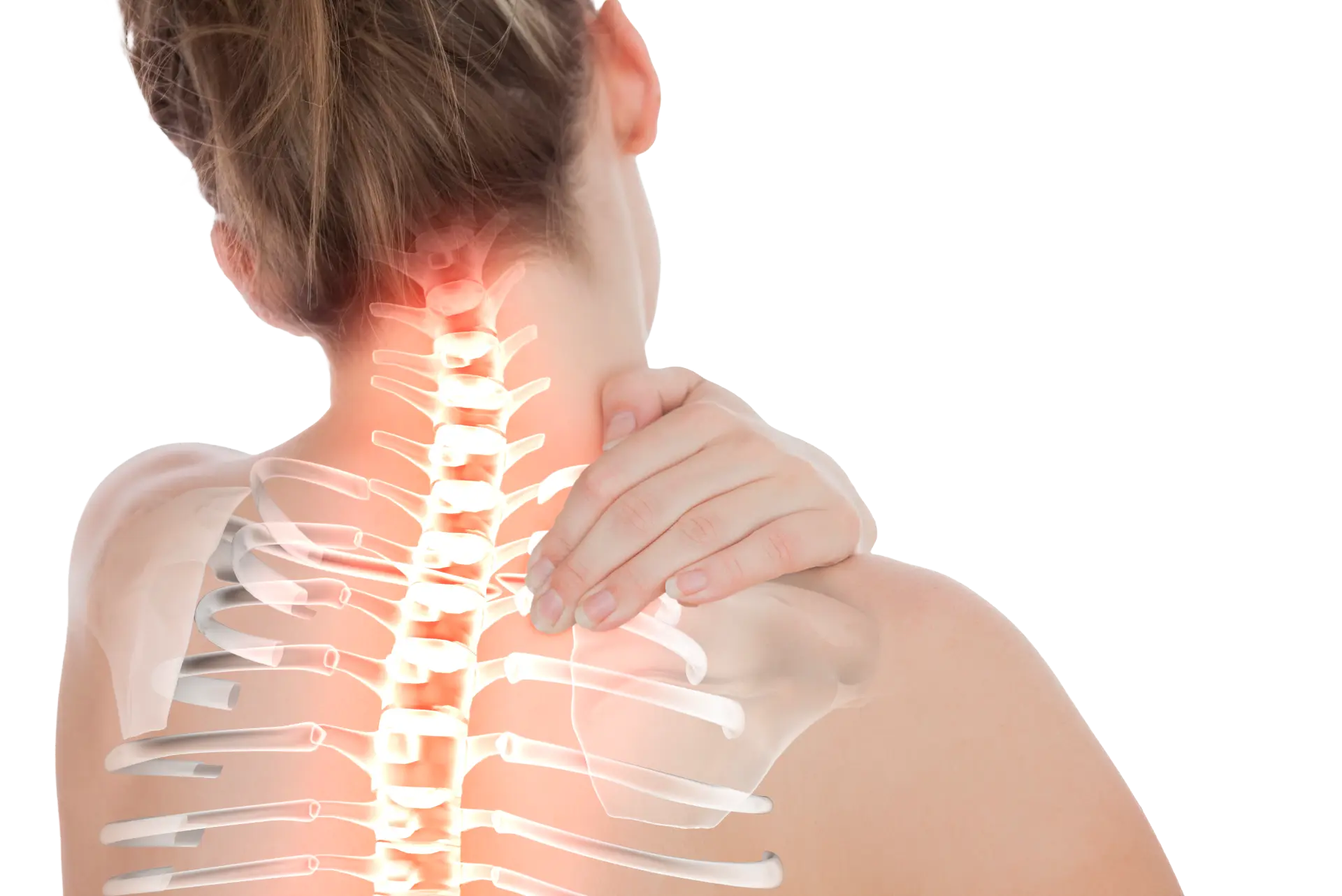 Kvinna som håller handen mot nacken, med en visualisering av skelettet där nacken lyser rött